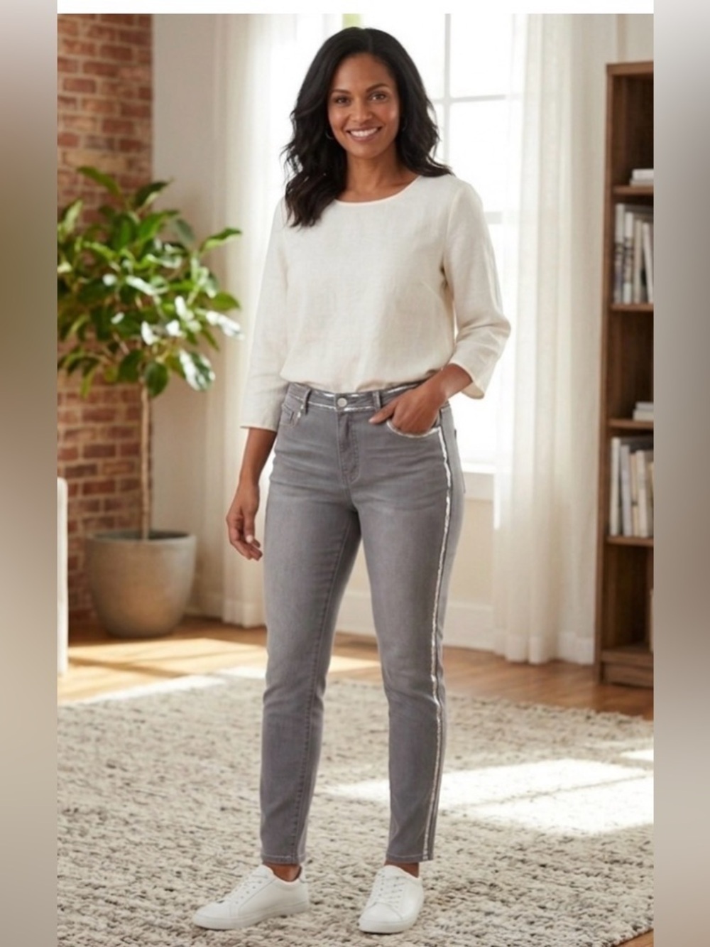 Soft Surroundings Women’s Ultimate Denim High Rise Foil Trim Skinny Gray Jeans